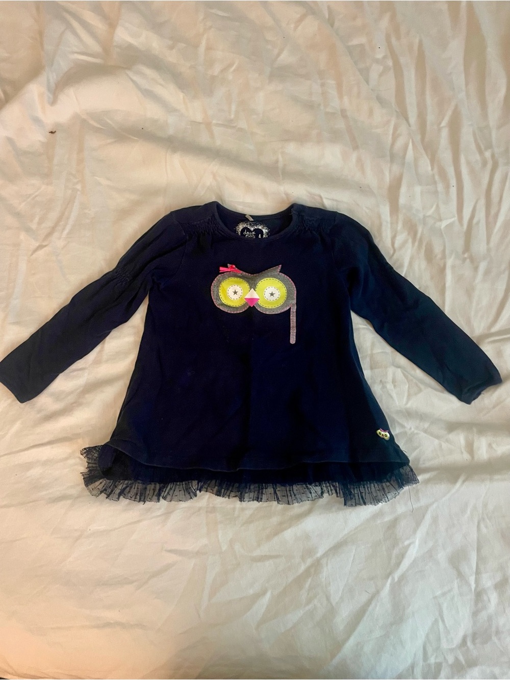 Navy Long-Sleeve Top with Owl Applique and Tulle Hem